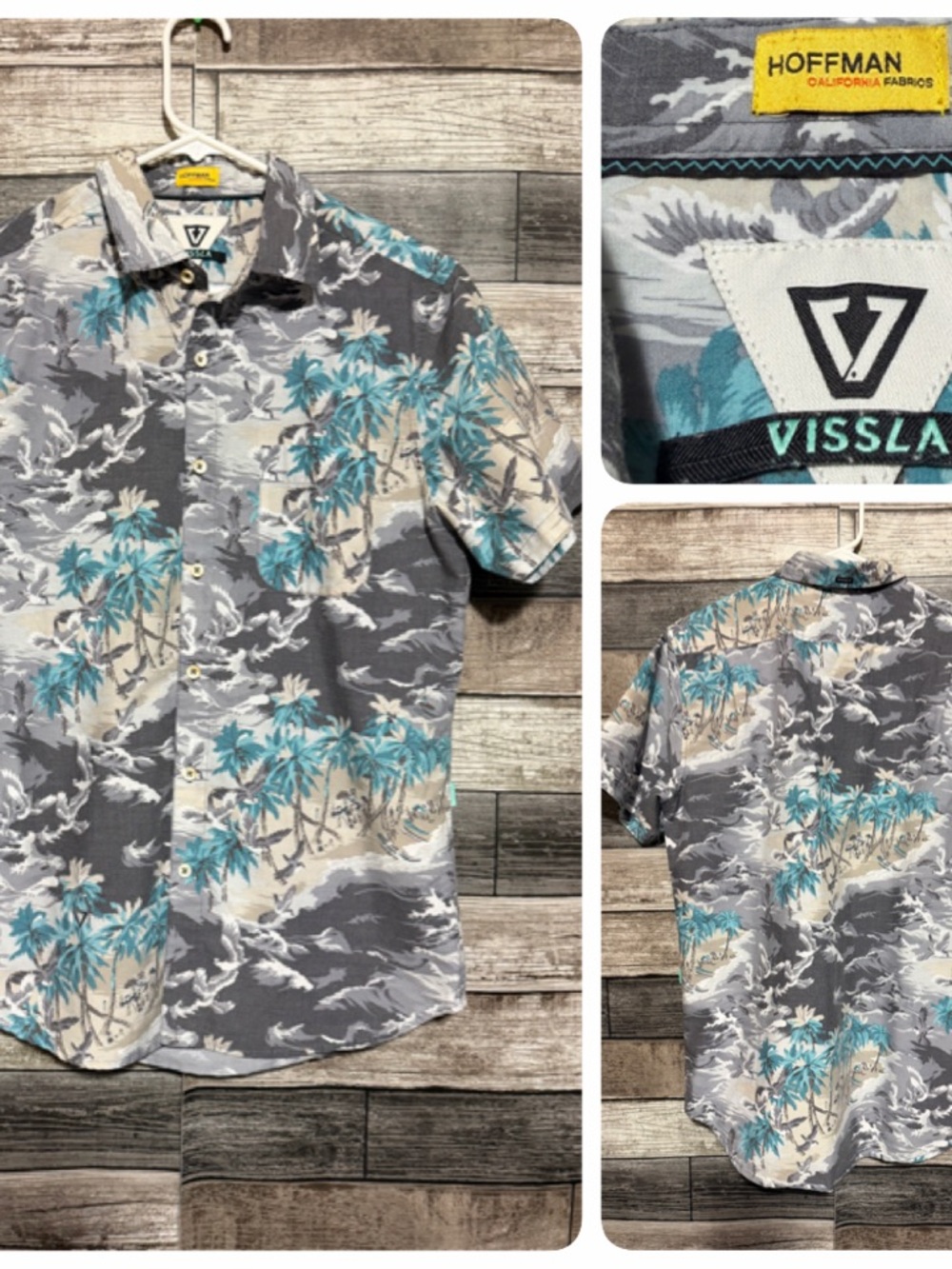 Vissla Hoffman Hawaiian Shirt Men’s S Blue Gray Bird Beach Palm Tree Print